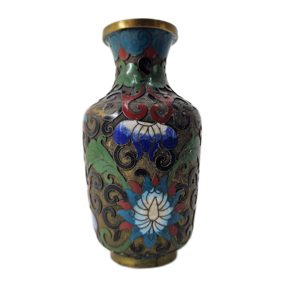 Vintage Chinese Cloisonné Miniature Vase Floral Enamel Bronze Art Small